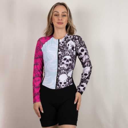 Macaquinho Feminino De Ciclismo Caveiras Manga Longa forro em gel