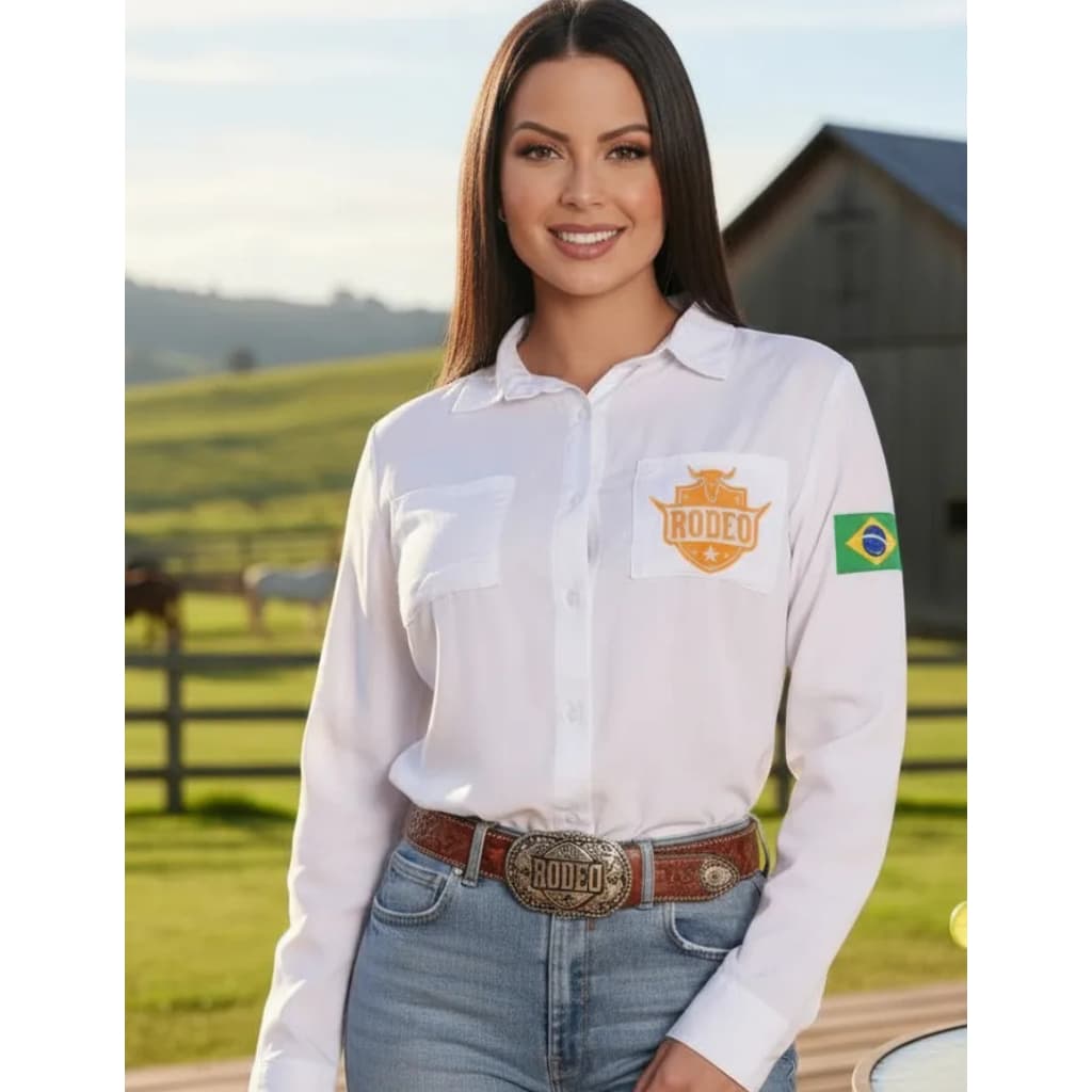 Camisa Feminina Country Social Blusa Camisete De Botão Manga Longa Com 2 Bolsos Estampada Rodeio Marchador Texas