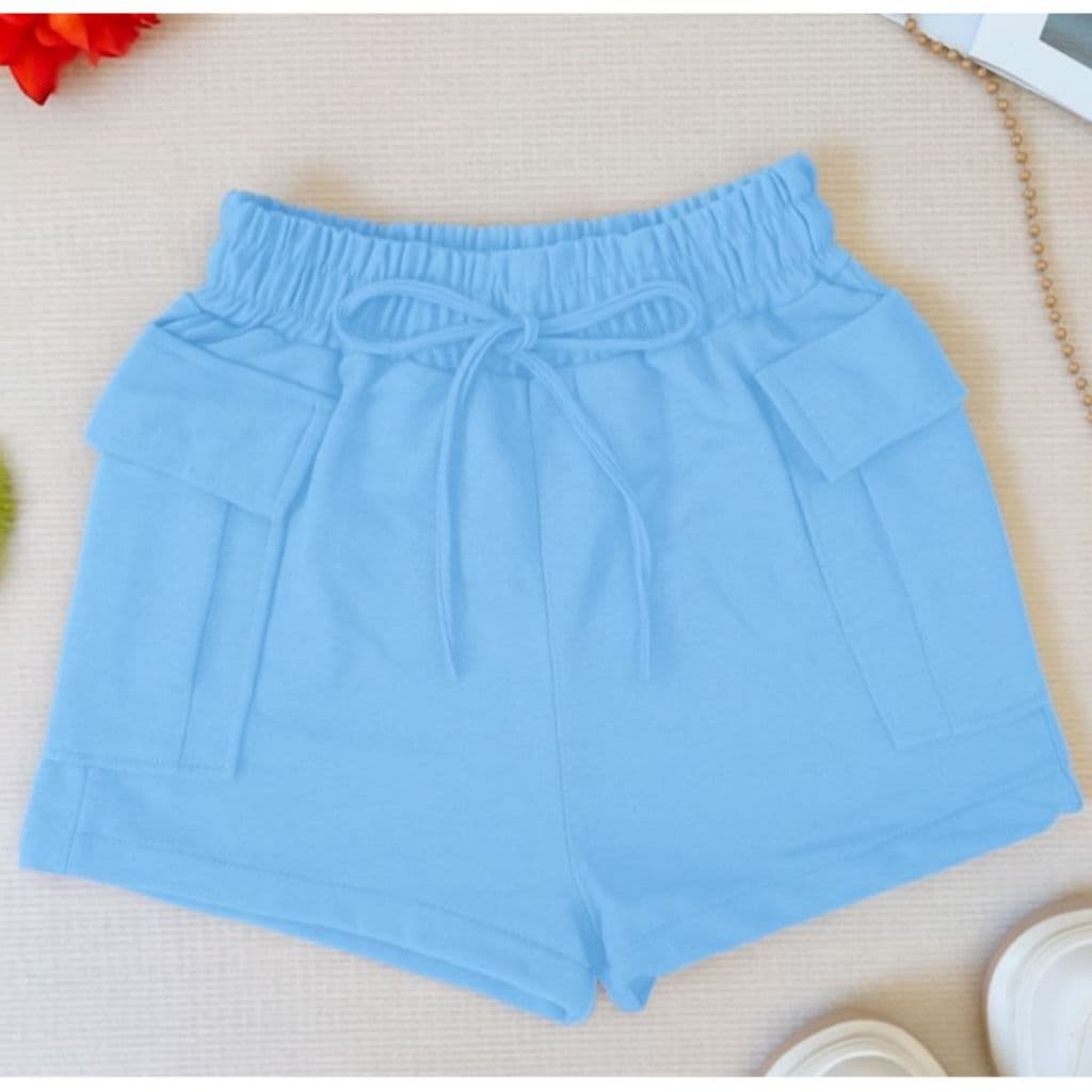Short Alfaiataria Feminino Cargo Cintura Alta Com Bolso Amarração De Cordão Moda Verão