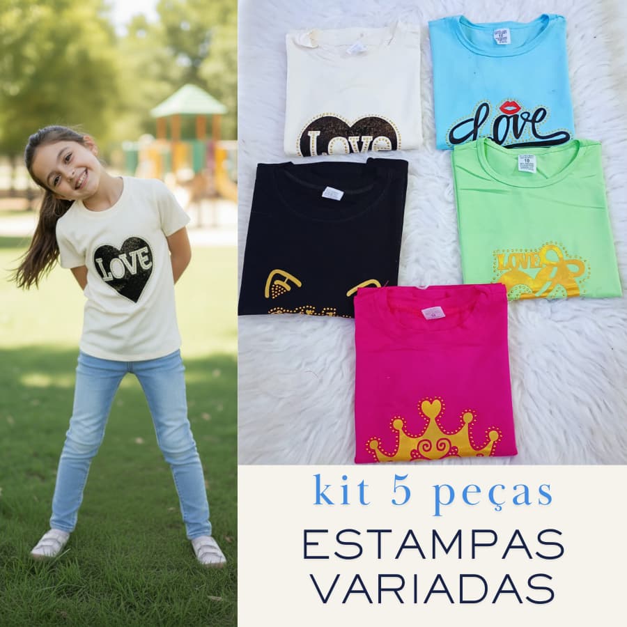 Kit 5 Blusas Infantis e Juvenis Femininas Viscolycra Premium Estampadas Tamanho 10 ao 14 GOLA COSTURADA