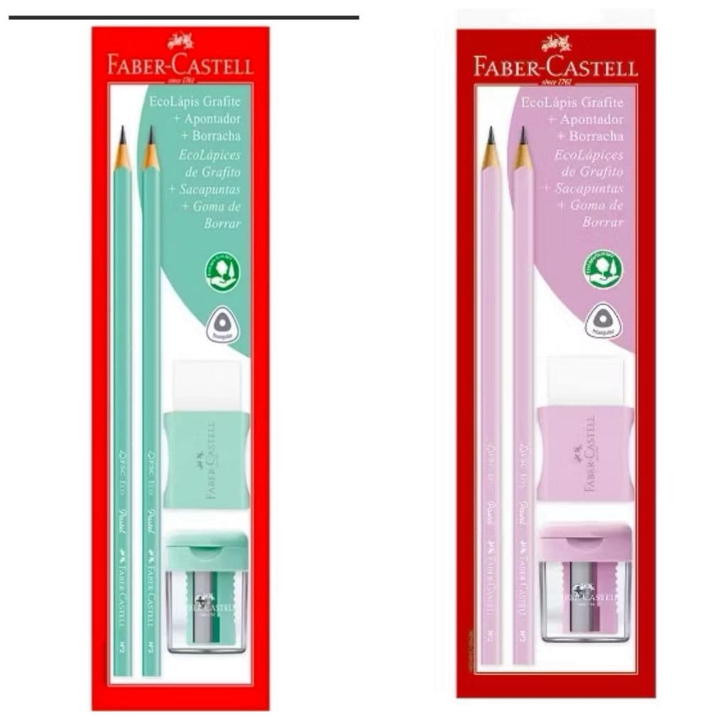 Kit Escrita Faber-Castell Pastel Rosa com 2 Lápis HB Nº2, 1 Apontador e 1 Borracha