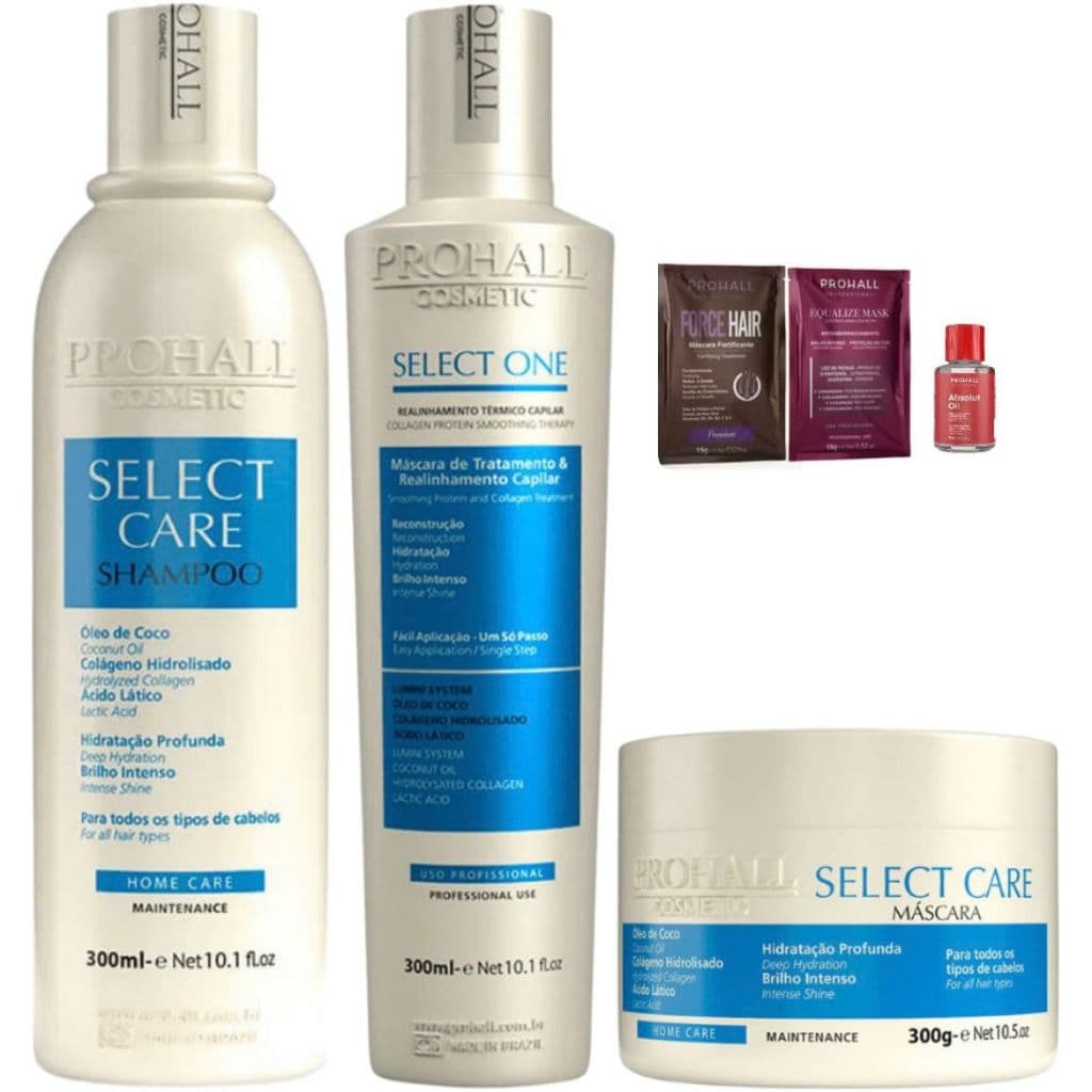 Progressiva Select One 300ml+Shampoo Select Care 300ml + Máscara Select Care 300ml Prohall + Brindes