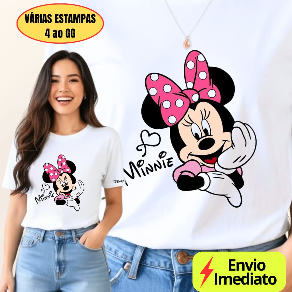 Camiseta Feminina Básica Branca Várias Estampas Minnie Estilo Look Casual Disney Confortável