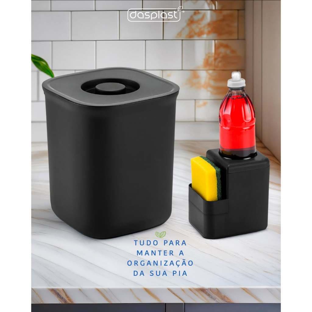 Organizador de Pia Preto – Lixeira 4L com Dispenser de Detergente Incluso