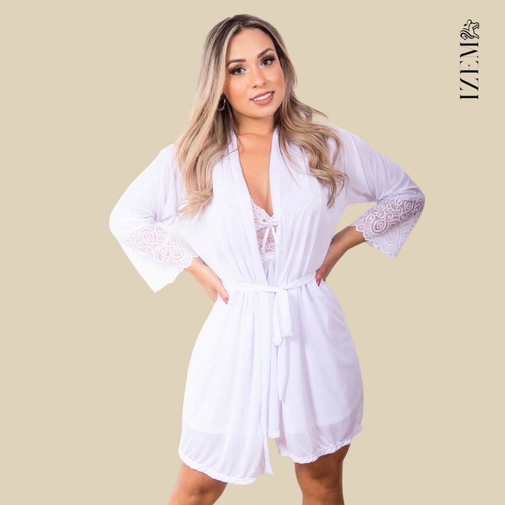 Robe Roupão Noiva Feminino de Renda Luxo Sensual Malha Fria