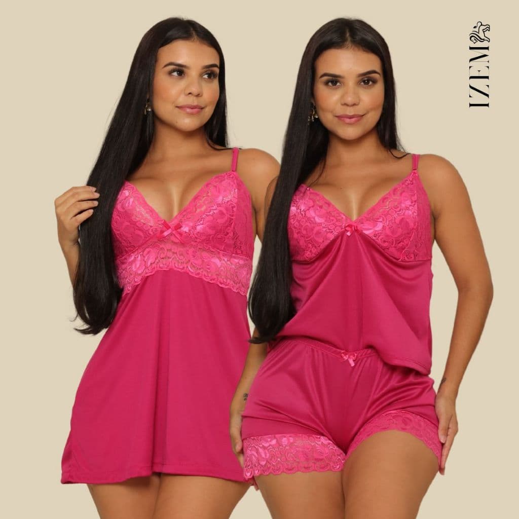 Kit Pijama Baby Doll com Renda e Camisola Sensual Feminina