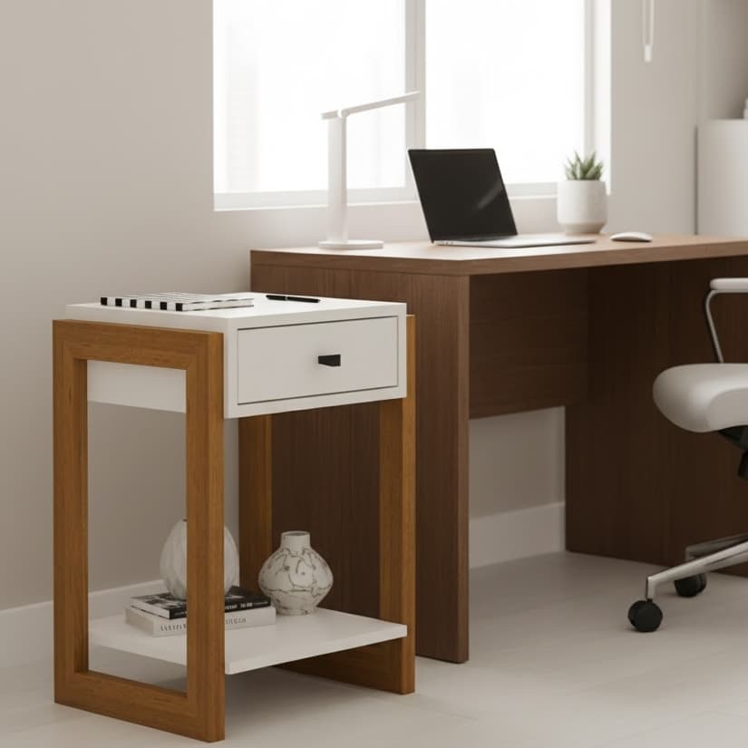 Mesa Cabeceira Lateral - Madeira Pinus - 62cm - Quarto/Sala/Escritório C/ Gaveta