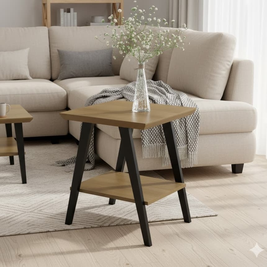 Mesa Lateral Davi 50cm C/ Prateleira Madeira Pinus Sala Quarto Decoração