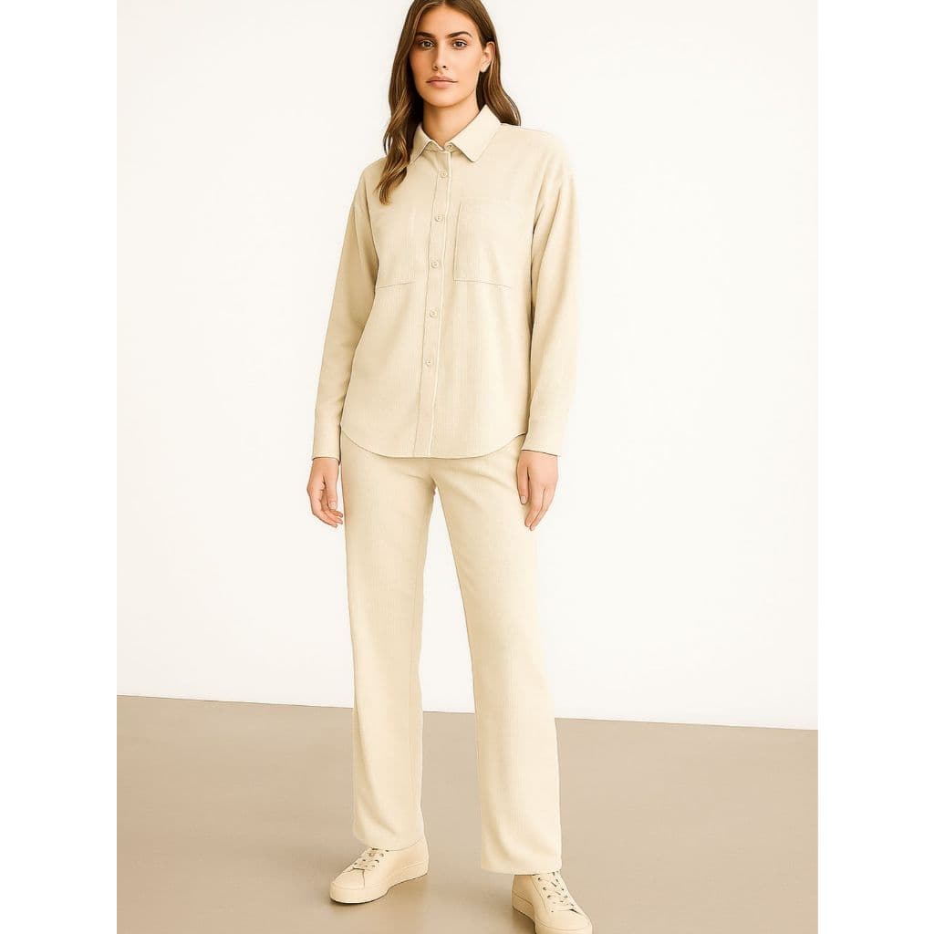 REF：AS1520 - Conjunto casual feminino de duas peças: blusa e calça reta de cintura média; estilo descontraído e confortá