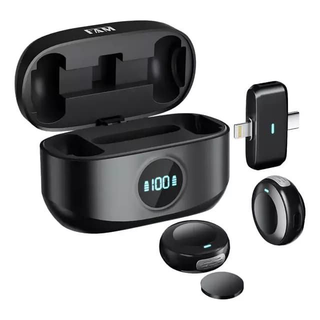 Microfone Sem Fio de Lapela FAM Bell M2 Duplo com Cancelamento de Ruído Longa Bateria Garantia 1Ano
