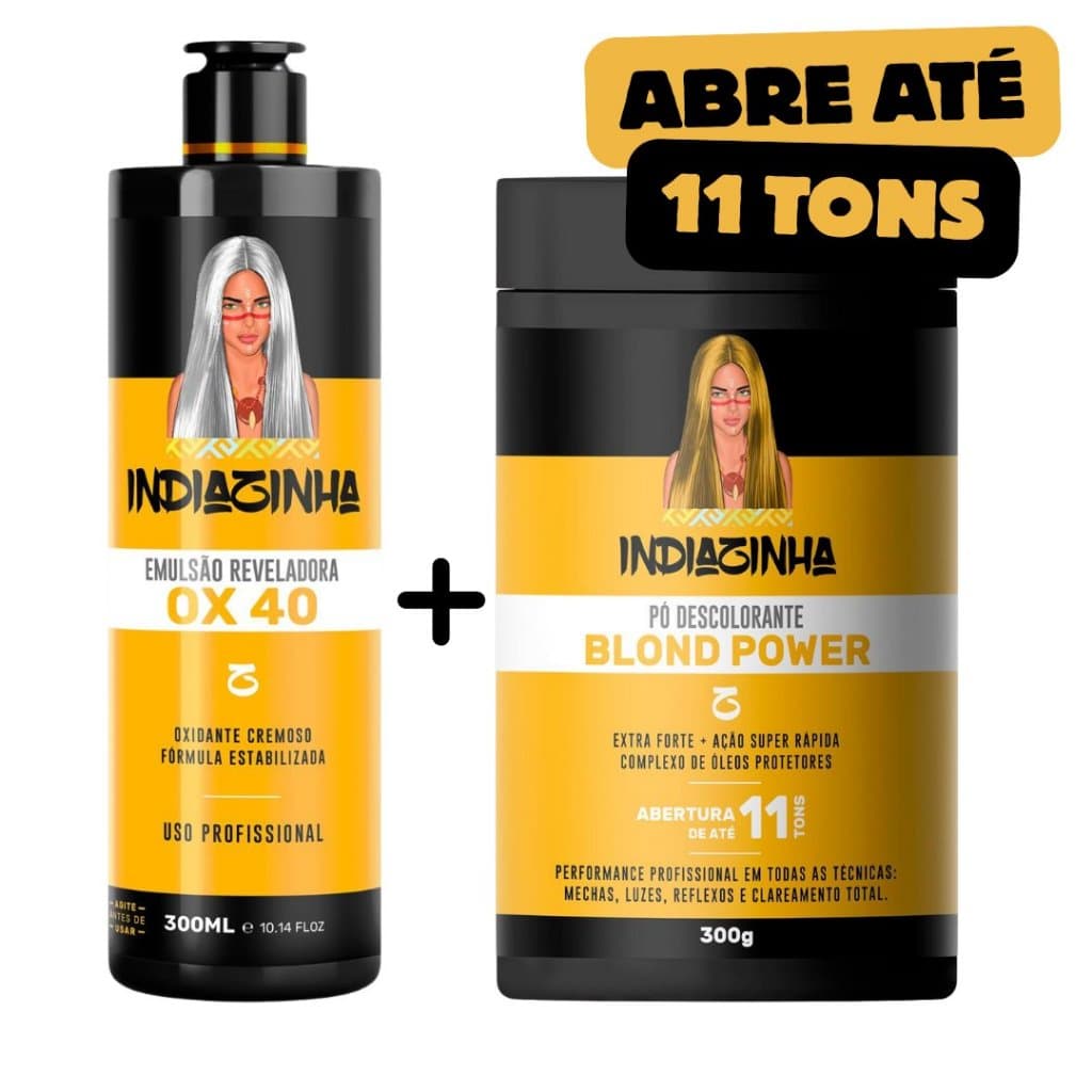 Kit Pó Descolorante Profissional Clareamento Indiazinha Blond Power 300g + Água Oxigenada OX de 40 Cremoso Emulsão 300ml