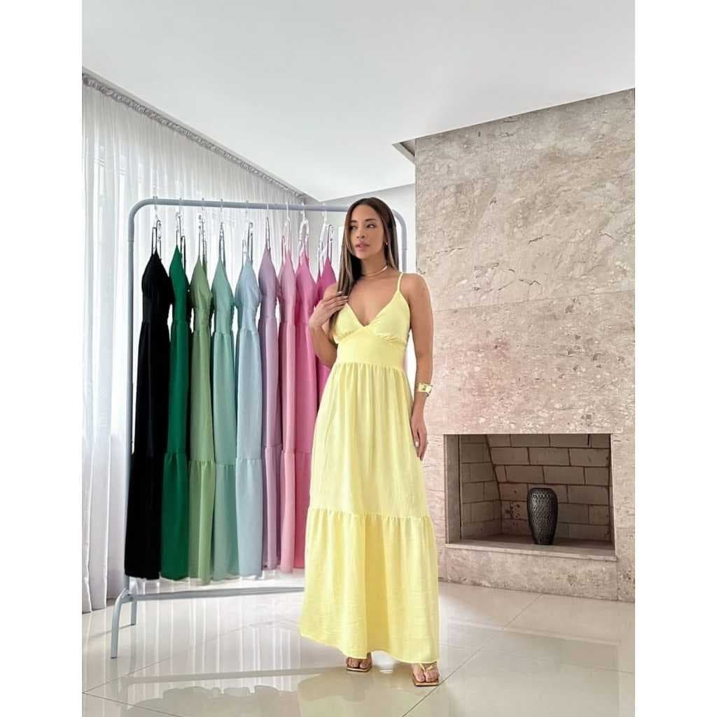 Vestido Longo Feminino Elegante Decote V e Lastex nas Costas Entrega Imediata