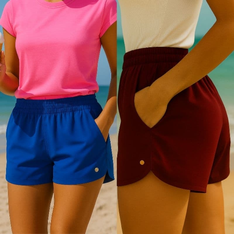 Kit 2 Shorts Feminino Tectel Mauricinho Saída De Praia Piscina Academia Soltinho Leve Com Bolsos Tactel Cós Elástico