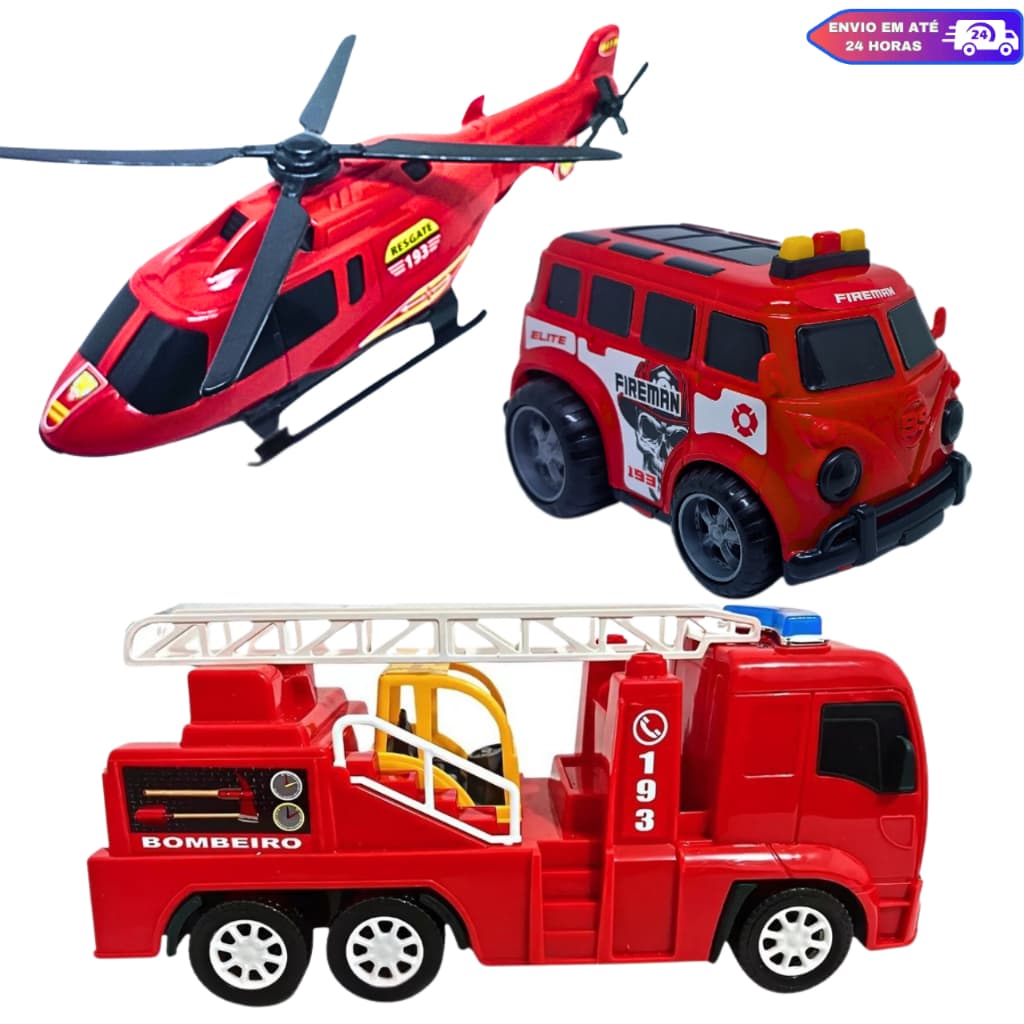 Kit Brinquedo Caminhão de Bombeiro Helicóptero Resgate e Ambulancia Brinquedo Criança Presente Natal