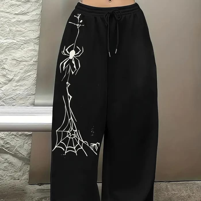 Calça Wide Leg Moletom Feminina Spider Web Star Gotic Punk