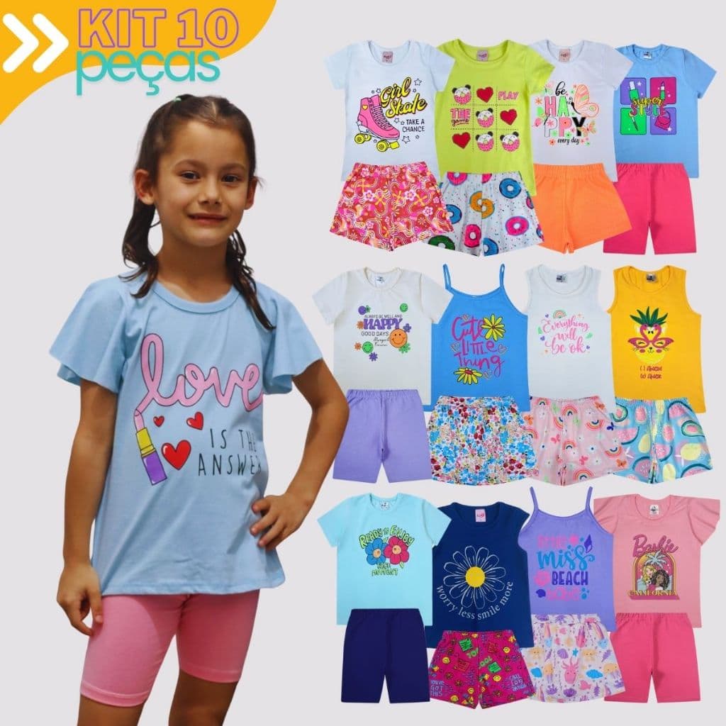 Lote Sortido 10 Peças de Roupa Infantil Menina - Kit 5 Conjuntos de Roupa Infantil Menina Promoção Atacado Barato Verão