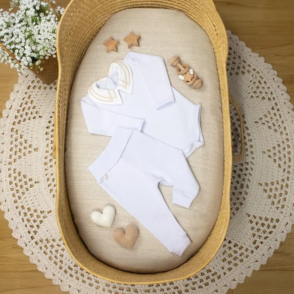 conjunto Batizado Bebê Menino Conjunto Body e Calça Branco Malha 100% Algodão Toque Macio e Confortável