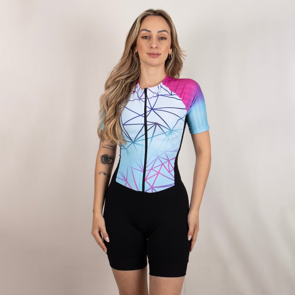 Macaquinho de Ciclismo Manga Curta Modelo Blue Energy Feminino Conforto e Elegância forro em Gel
