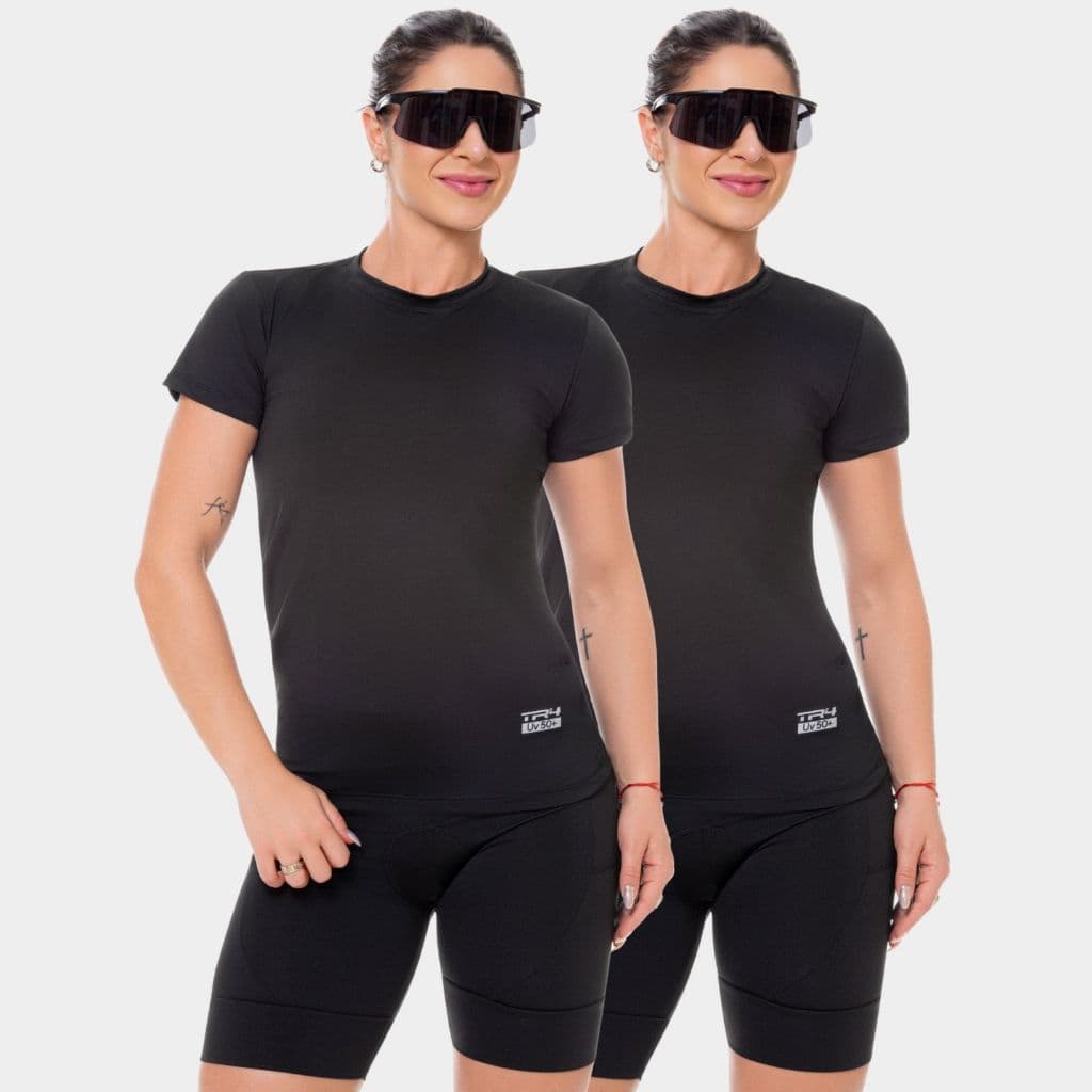 Combo 2 Camisa Camiseta Blusa Dry Fit Feminina Manga Curta Academia Treino Ciclismo Esportiva Corrida Proteção Uv Preto