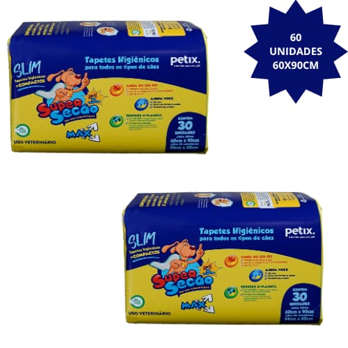 Tapete Higiênico Super Secão Max Slim 60x90 Cm nº1 do brasil 30 ou 60 Unidades Petix Uso Veterinario Mais Compacto