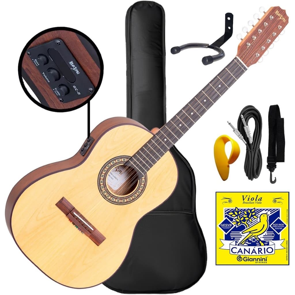 Viola Caipira Eletroacústica Clássica Rozini RV155 Ativa Kit Completo