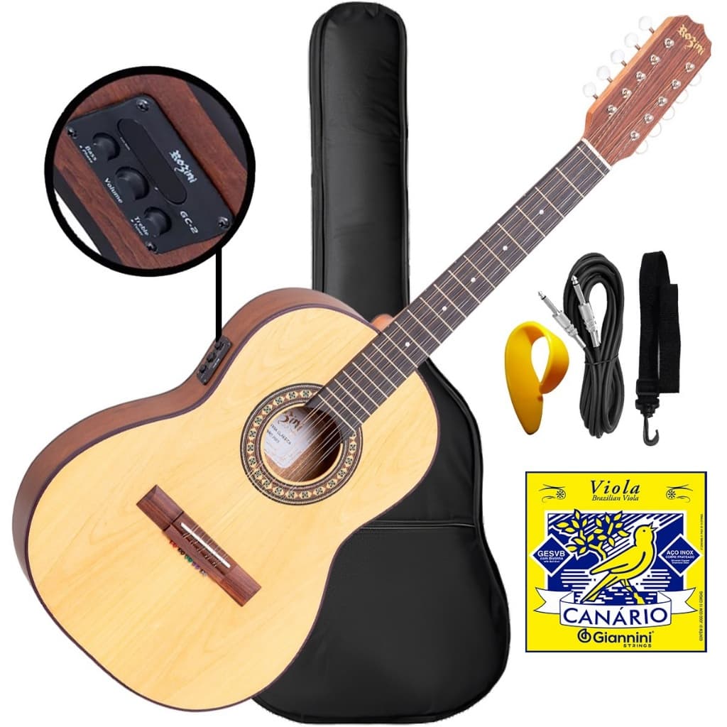 Vola Caipira Eletroacústica Clássica Rozini RV155 Ativa Kit Com Jogo de Cordas