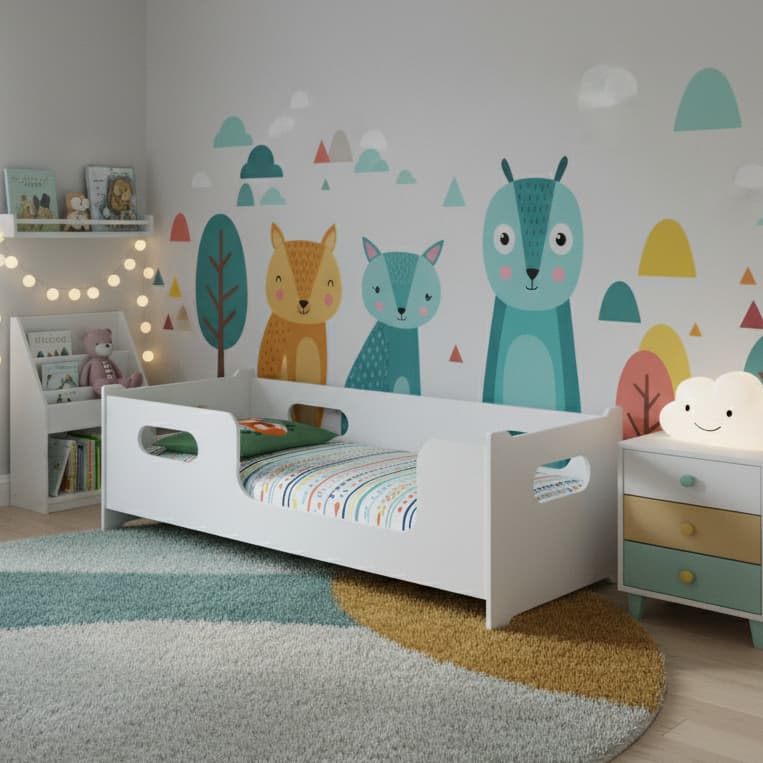 Cama Solteiro Encanto Cama Montessoriano Cor Branco Grades Moderno e Seguro