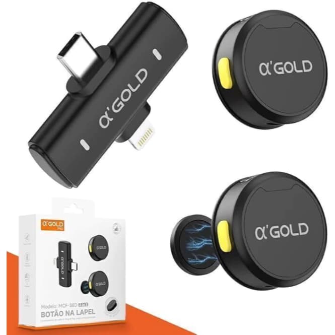 Microfone Duplo de Lapela Sem Fio A’Gold MCF-38D 2 em 1 Lightning e Tipo-C