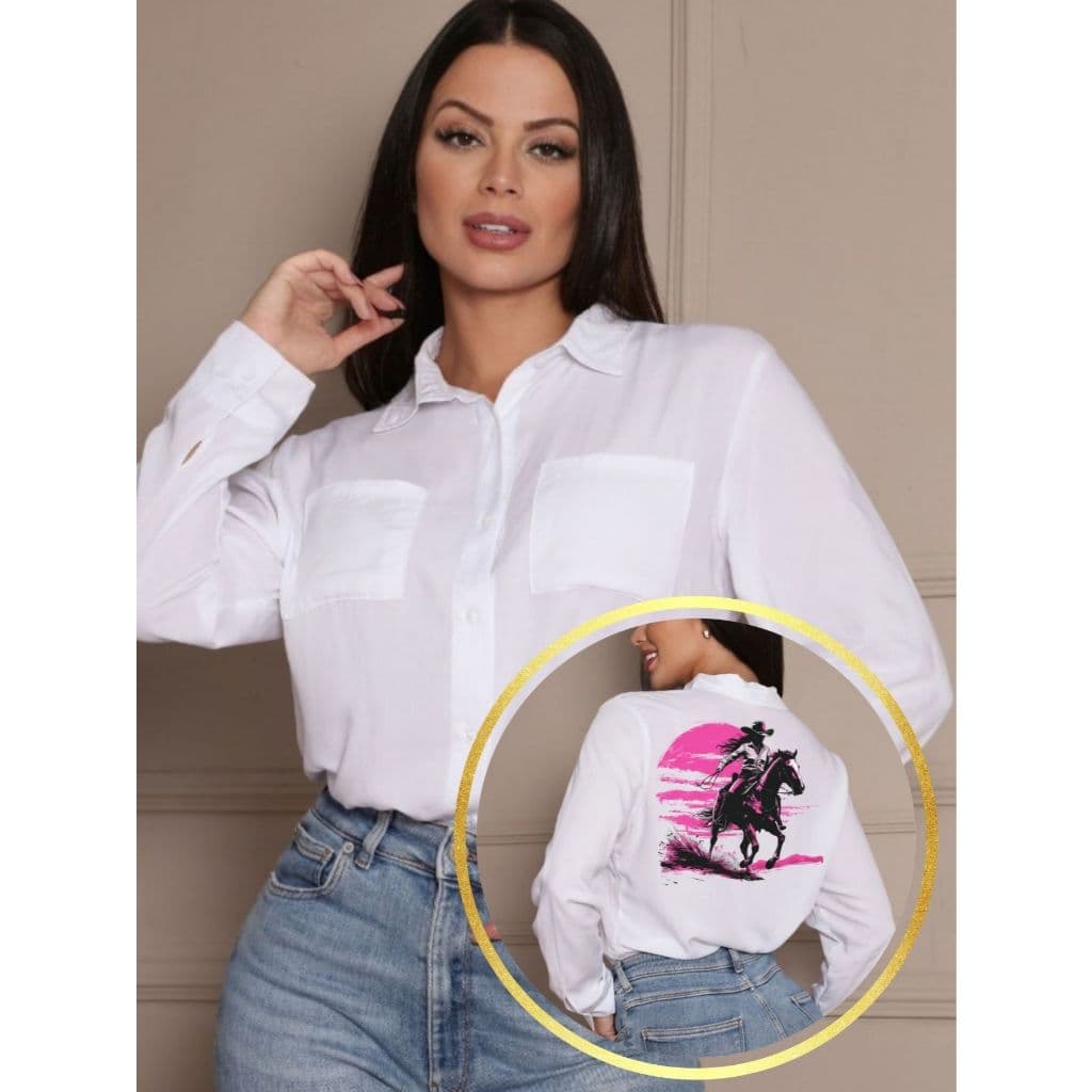 Camisa Feminina Branca Country Estilo Sertanejo Rodeio Casual Estampa nas Costas Bolso Frontal Blusa Manga Longa Estampa