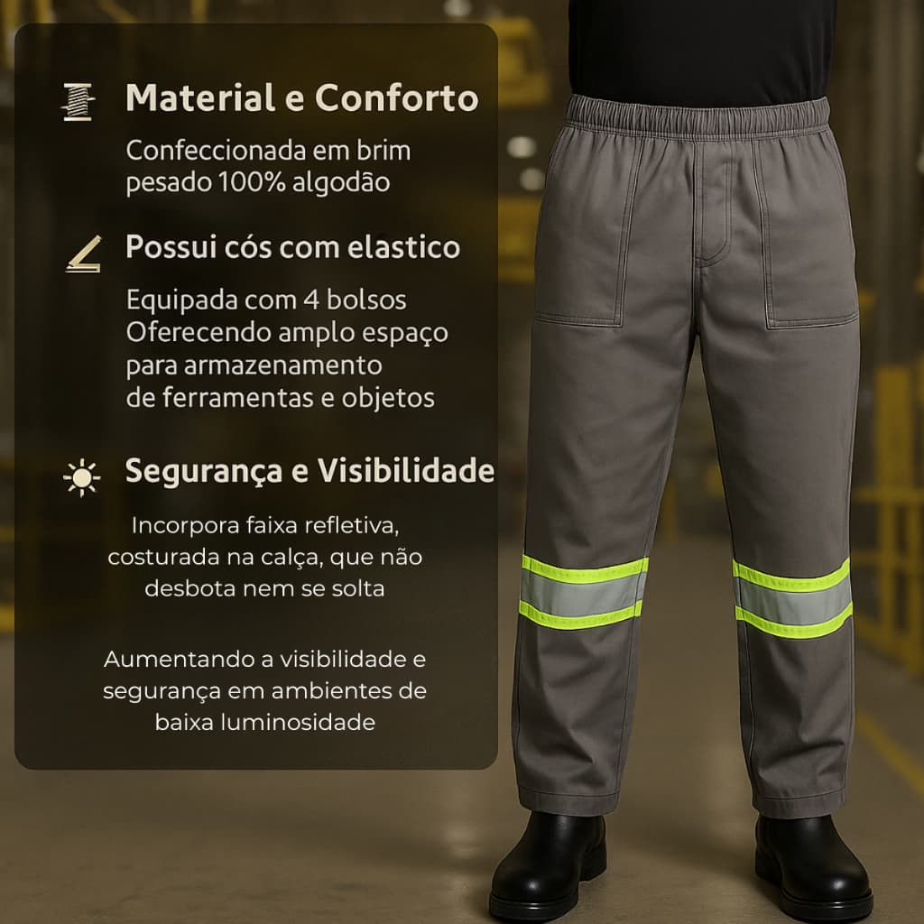 Calça de Uniforme Profissional Com Faixa Refletiva Reforçada Cargo Bolsos Laterais Trabalho Pesado