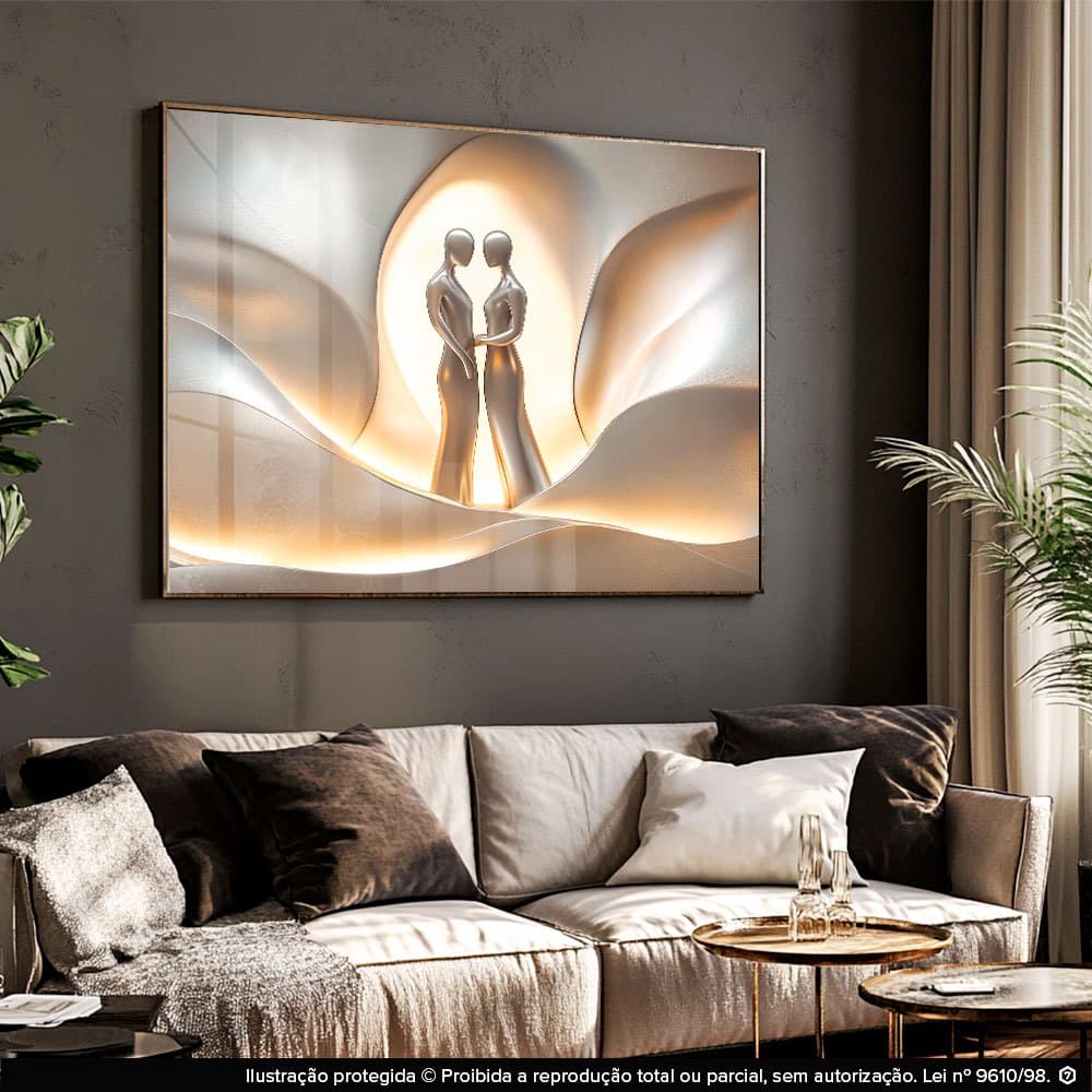 Quadro Decorativo Casal Abstrato 3D em Relevo – Arte Moderna Luxo Dourado e Prata para Sala e Quarto