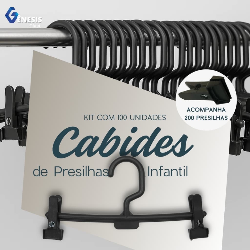 Kit Cabide Infantil 100 Unidades 200 Presilhas Preto Organizar Roupas Criança Loja