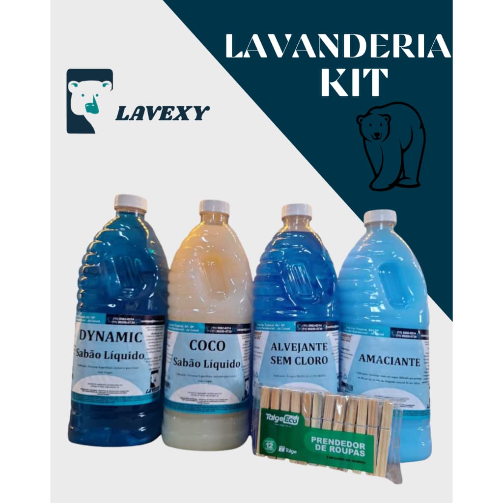 Kit Lavanderia com Sabão de coco e Dynamic, Alvejante, Amaciante e Grátis Prendedores de Madeira
