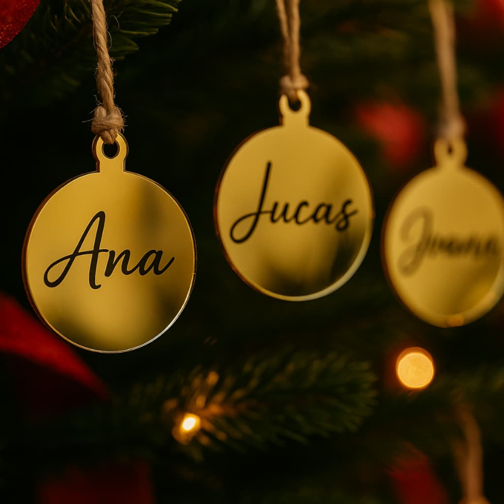 Enfeite de Natal Personalizado com Nome – Acrílico Espelhado Dourado, Prata ou Rose Gold