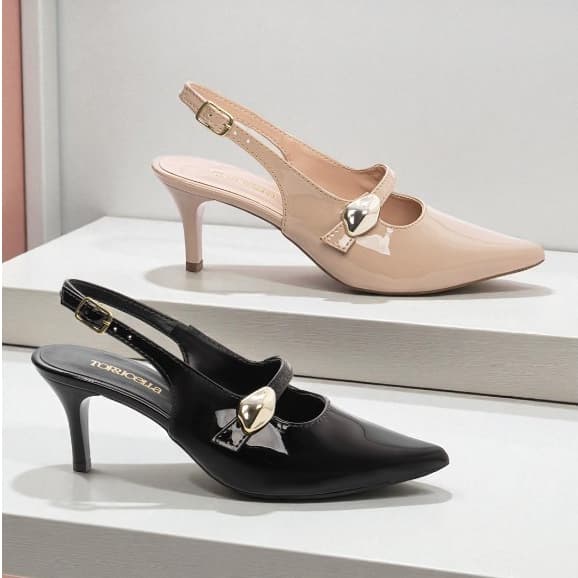 Scarpin Slingback Verniz Salto Baixo Fino Sapato Feminino Elegante Social Calcanhar Aberto Dourado