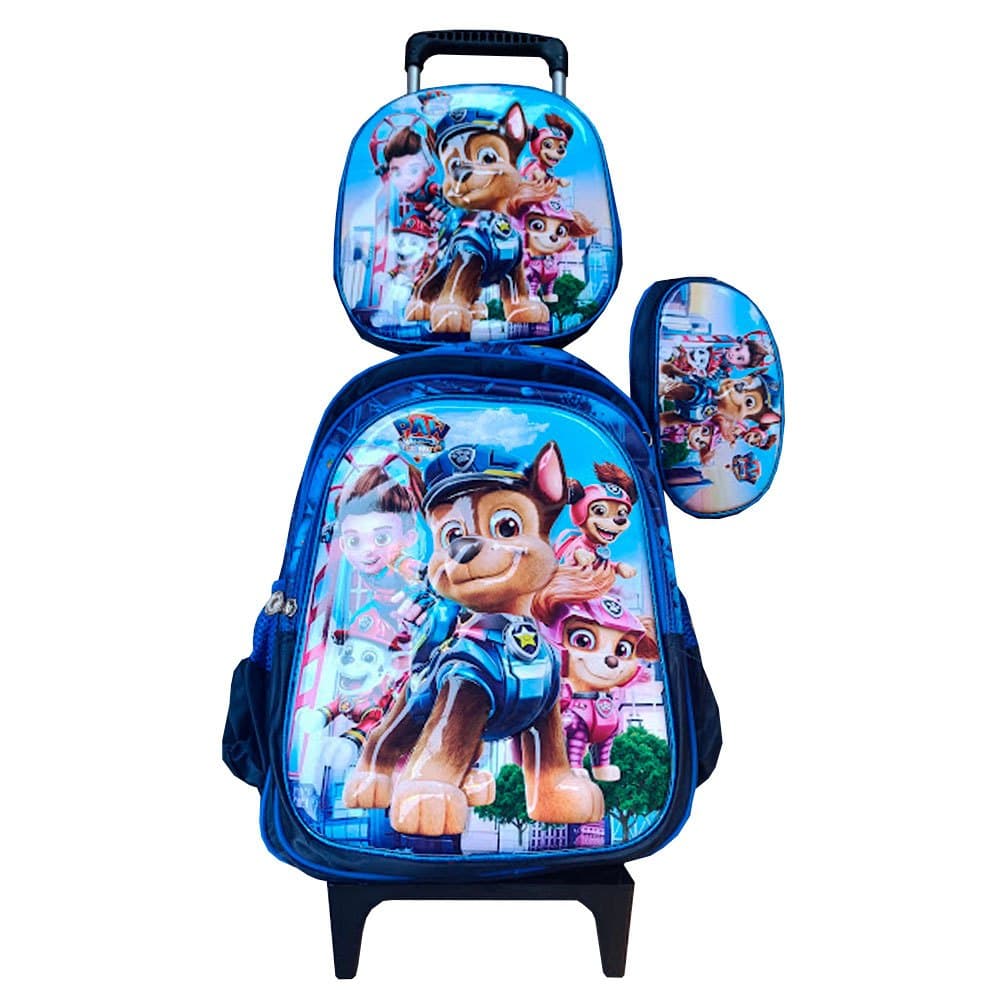 Kit Mochila Infantil com Rodinhas Patrulha Canina em 3D + Lancheira Térmica + Estojo Escolar