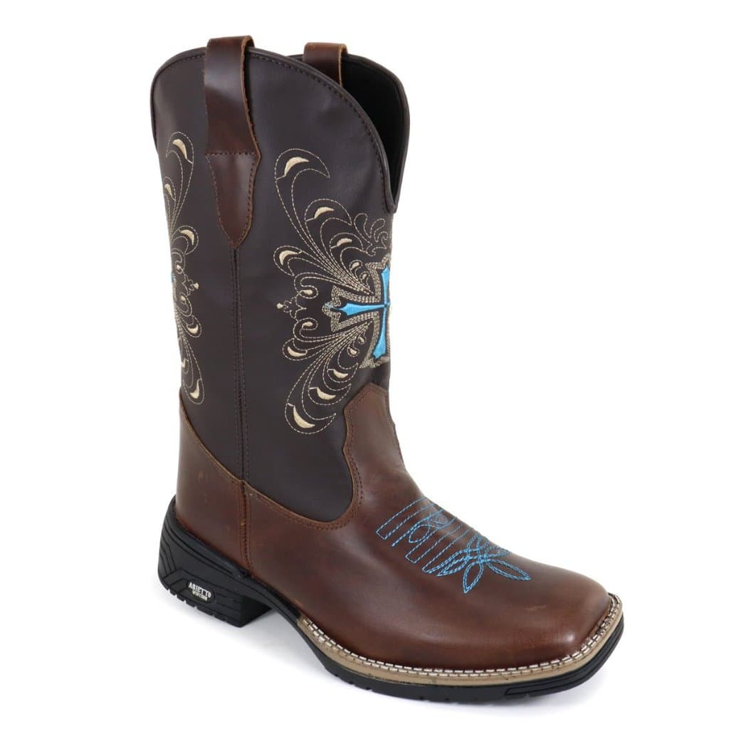 Bota Texana Feminina Country Bico Quadrado Solado De Borracha Cruz Azul