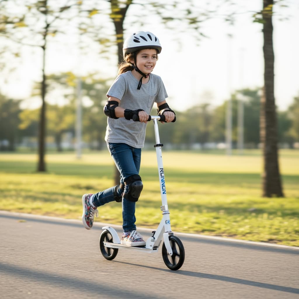 Patinete Infantil Runon Unik Toys Branco Dobrável Até 90kg Ajustável 3 Alturas INMETRO Rodas Grandes Crianças 3+ Anos