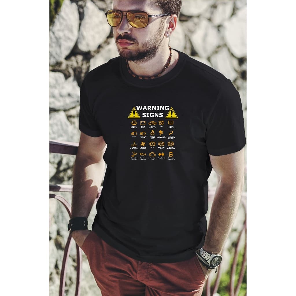 Camiseta Algodão Unissex  CAR WARNING SIGNS sátira dos sinais de alerta no painel do carro luzes de emergência painel