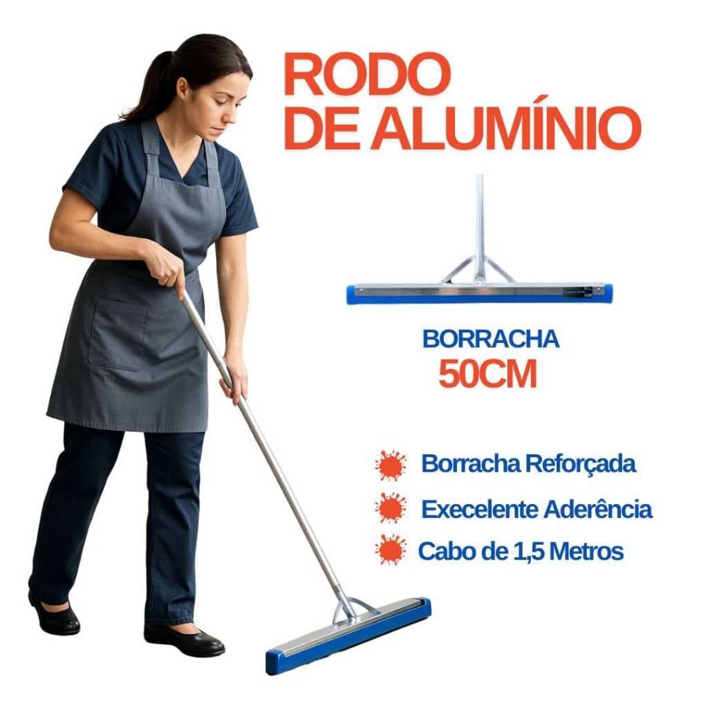 Rodo de Alumínio 50cm com Cabo de 1,5 Metros Leve e Ergonômico Borracha Dupla