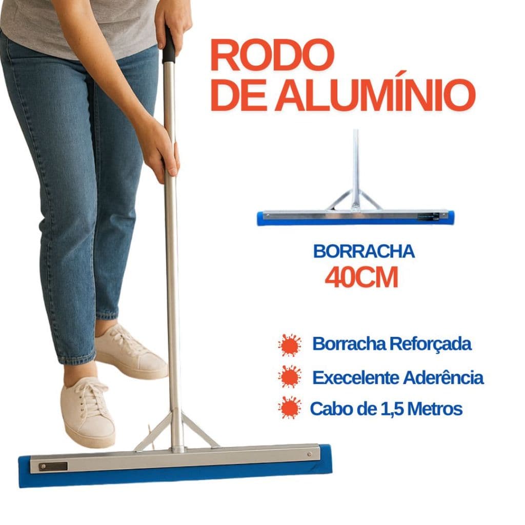 Rodo de Alumínio 40 cm com Cabo de 1,5 Metros Leve e Ergonômico Borracha Dupla