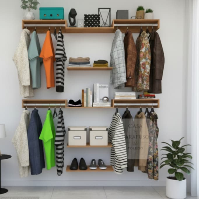 Kit Closet Aberto Suspenso C/ Cabideiros e Prateleiras Modulável Organizador Roupeiro   60cm - 106