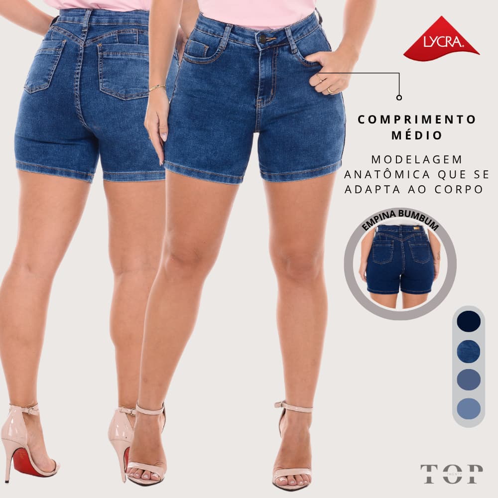 Short Jeans Feminino Cintura Alta com Elastano Levanta Bumbum Com Bolso Frontal e Traseiro