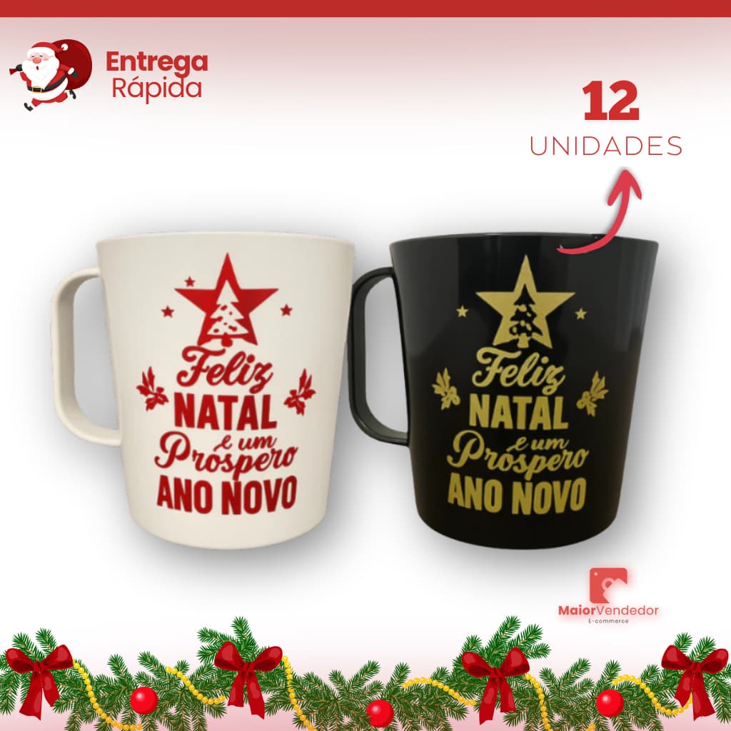 Kit 12 Canecas Feliz Natal Próspero Ano Novo 450ml Plástico