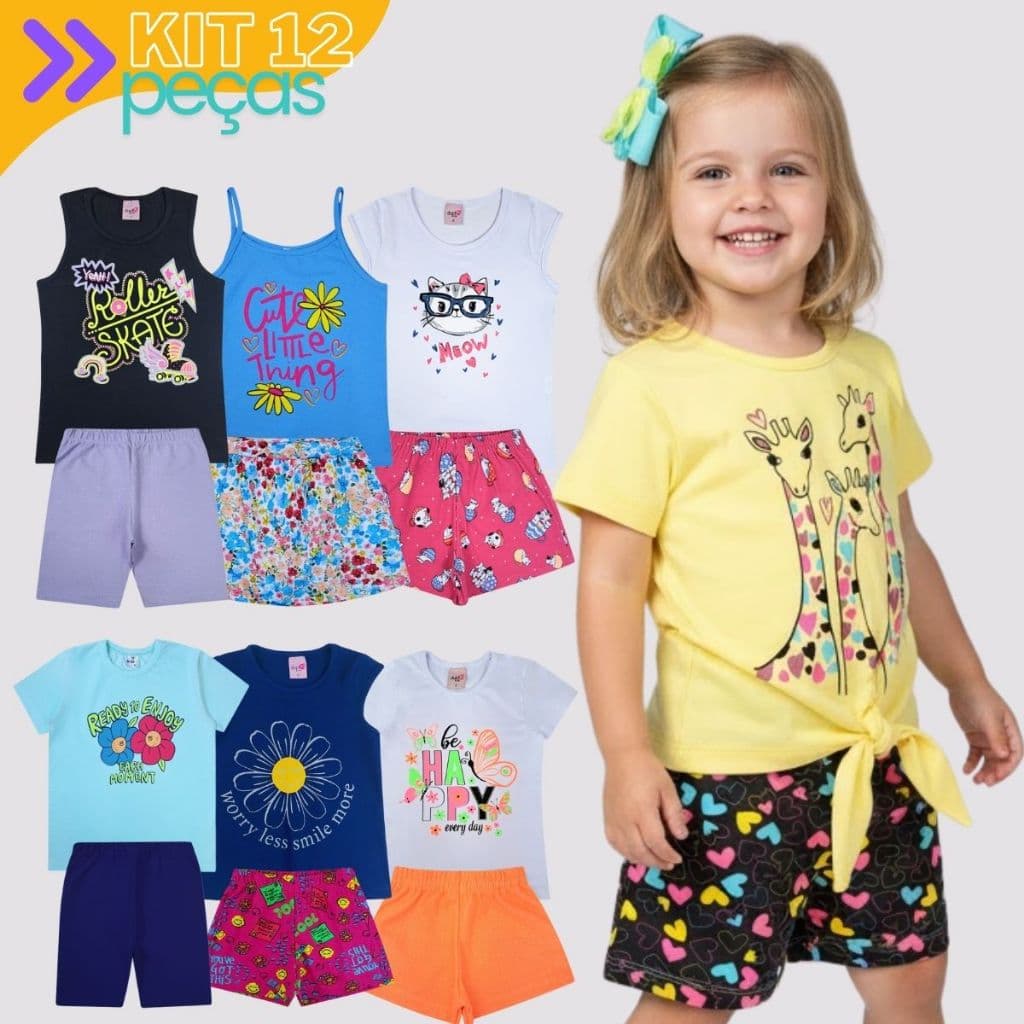 Kit Sortido 12 Peças de Roupas Infantil Menina - 6 Camisetas + 6 Bermudas - Kit com 6 Conjuntos de Roupa Atacado Barato
