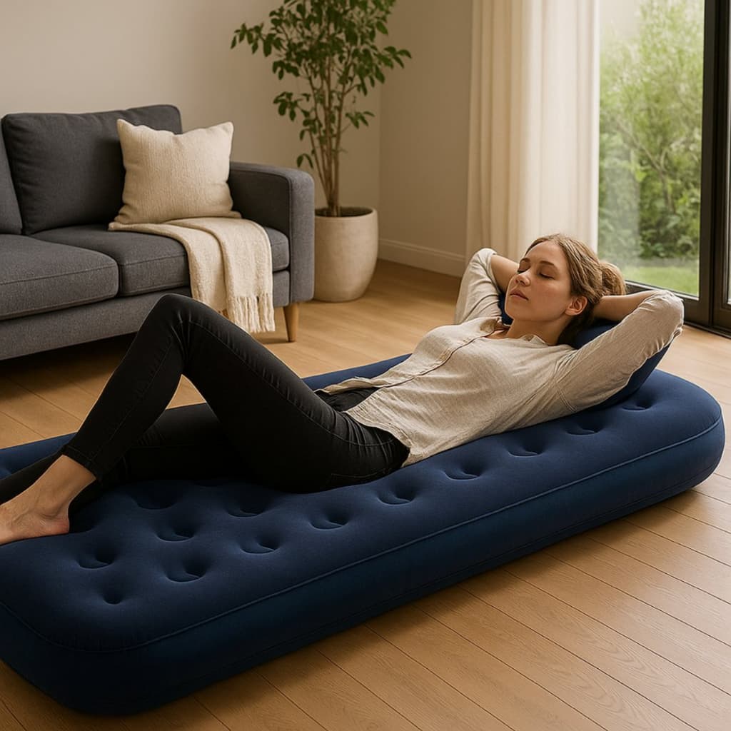 Colchão Azul  Inflável Solteiro Confortável e Portátil Ideal para Viagem, Camping, Praia e Casa