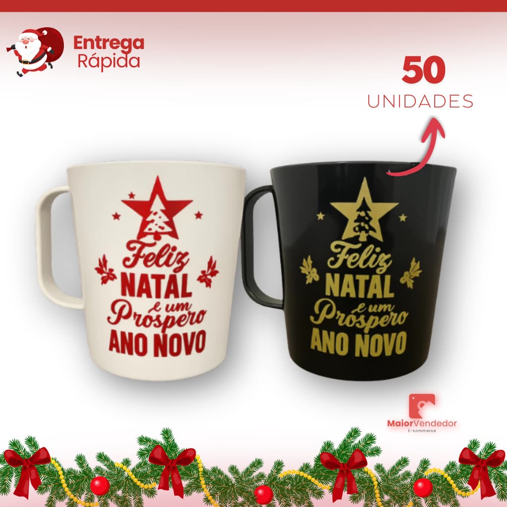 Kit 50 Canecas Feliz Natal Próspero Ano Novo 450ml Plástico