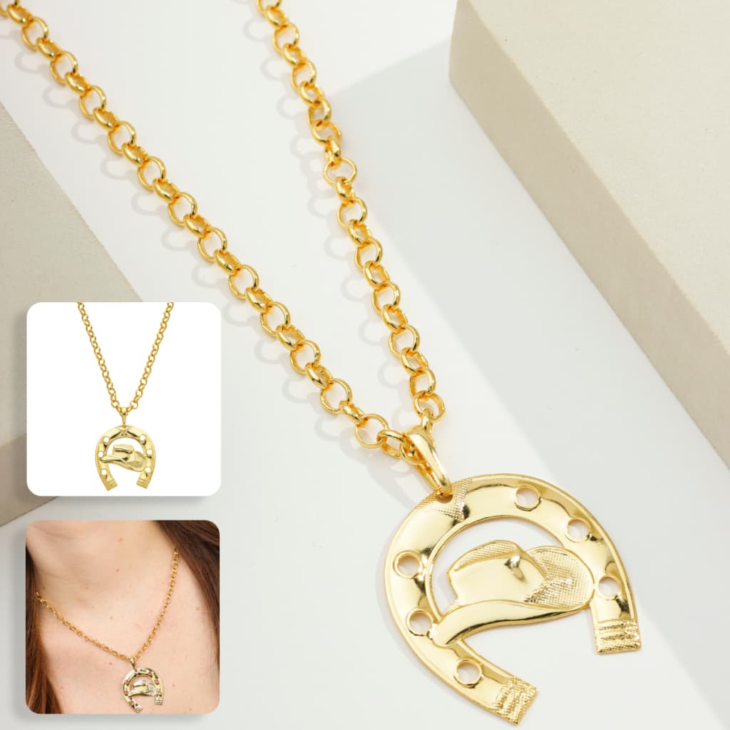 Cordão Feminino Banhado a Ouro 18K 6mm + Pingente Ferradura Chapéu Boiadeira Sertaneja