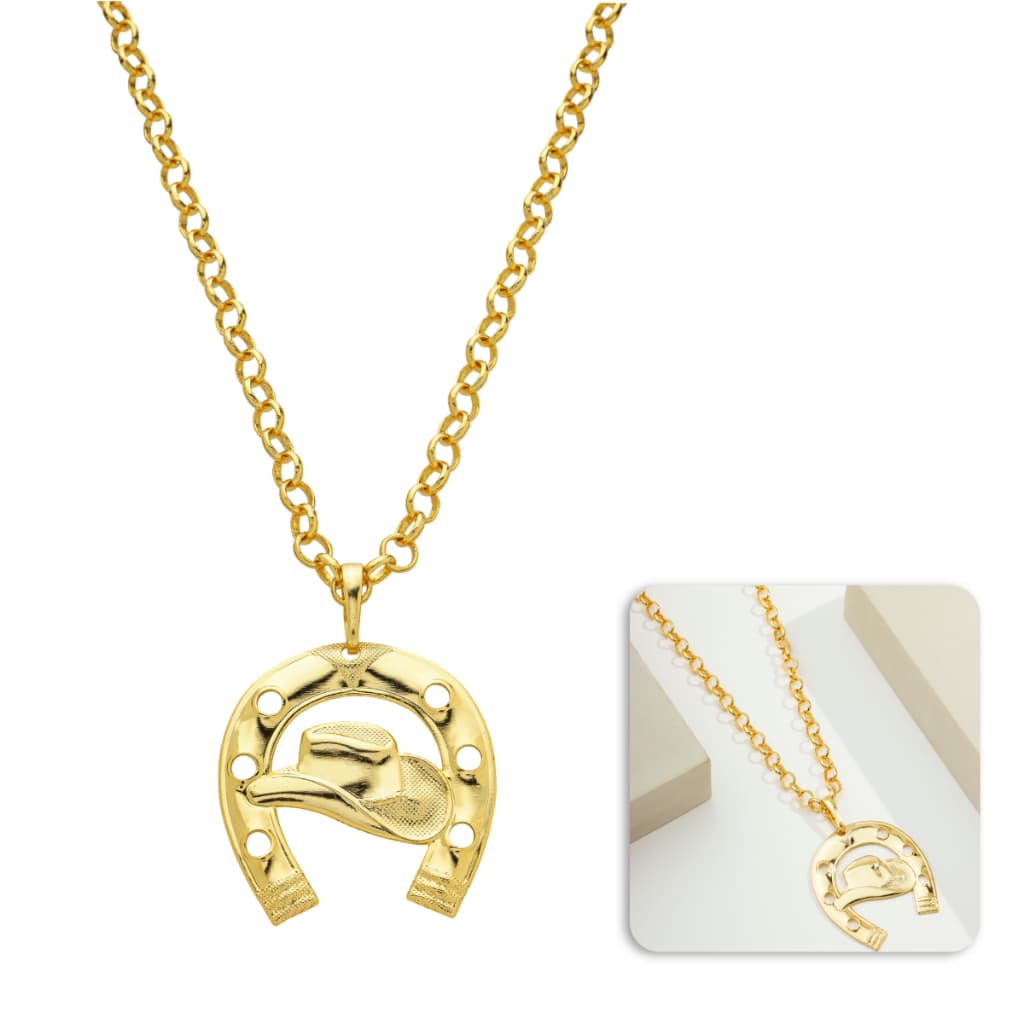 Conjunto Feminino Elo Português 6mm Moeda Antiga Cordão 50cm + Pingente Ferradura Chapéu Boiadeira