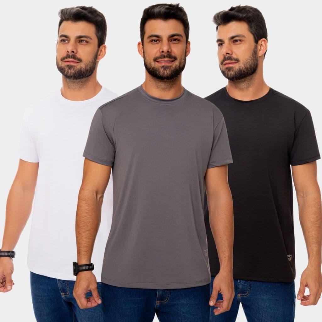 Kit 3 Camisa Blusa Dry Fit Masculina Manga Curta Academia Treino Esporte Corrida Proteção Uv Preto Branco Cinza